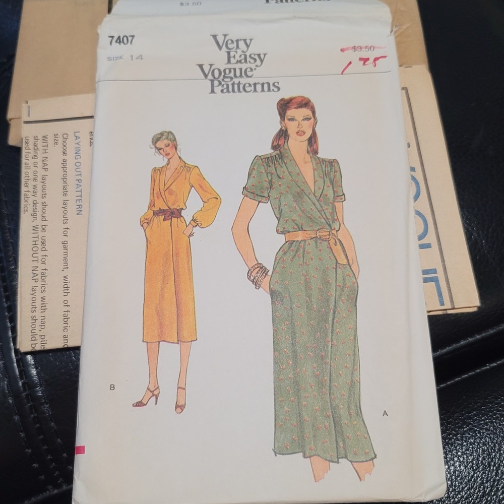 Vogue 7407 Sewing Pattern Misses Wrap Dress Shawl Collar Size 14 Uncut Vintage